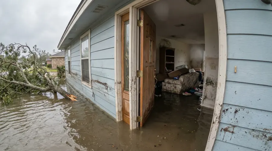 Standing storm flood water at the ground level of an Encino, CA home