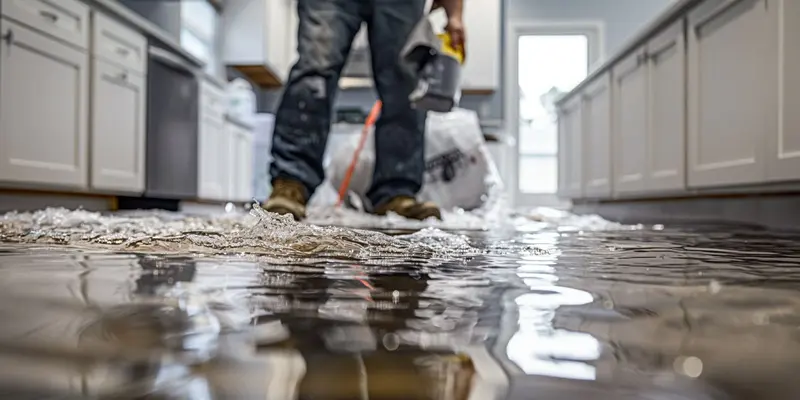 Standing water being extracted from a flooded Encino, CA home floor